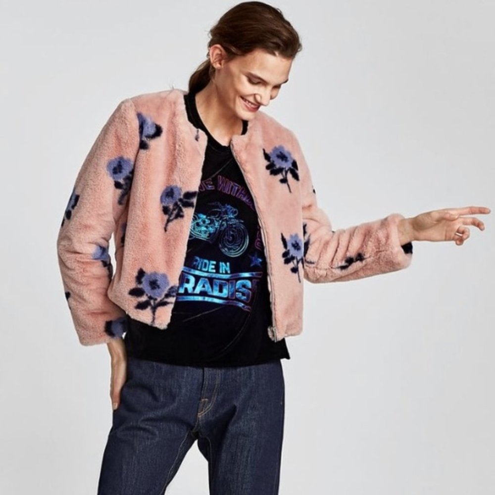 Zara Faux Fur Floral Jacket In Size XS, NWOT
